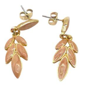 Gold Leaf Dangle Earrings With Peach Enamel Accents Lightweight & Elegant